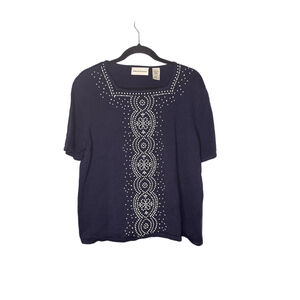Women's Alfred Dunner Navy Short Sleeve Tee with White Embellishments L